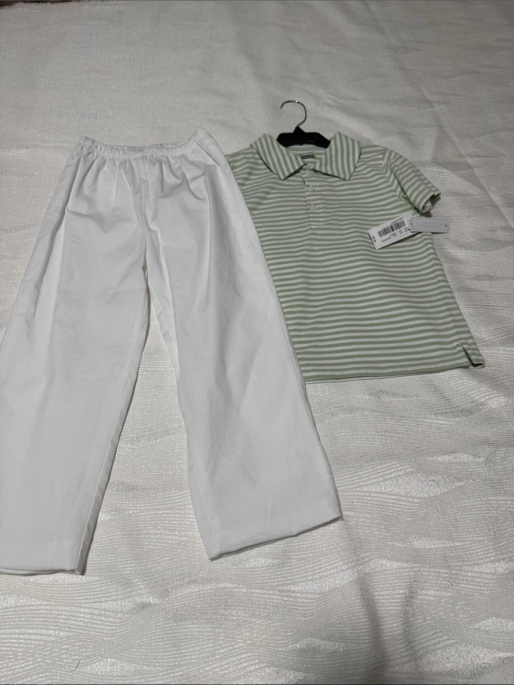 Edgehill Collection White Elastic Waist Pants with Green-Striped Polo for boys 5